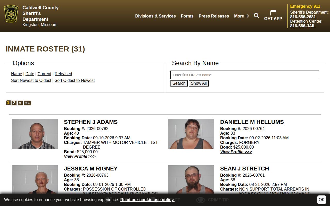 Caldwell County mugshots and arrest booking roster interface