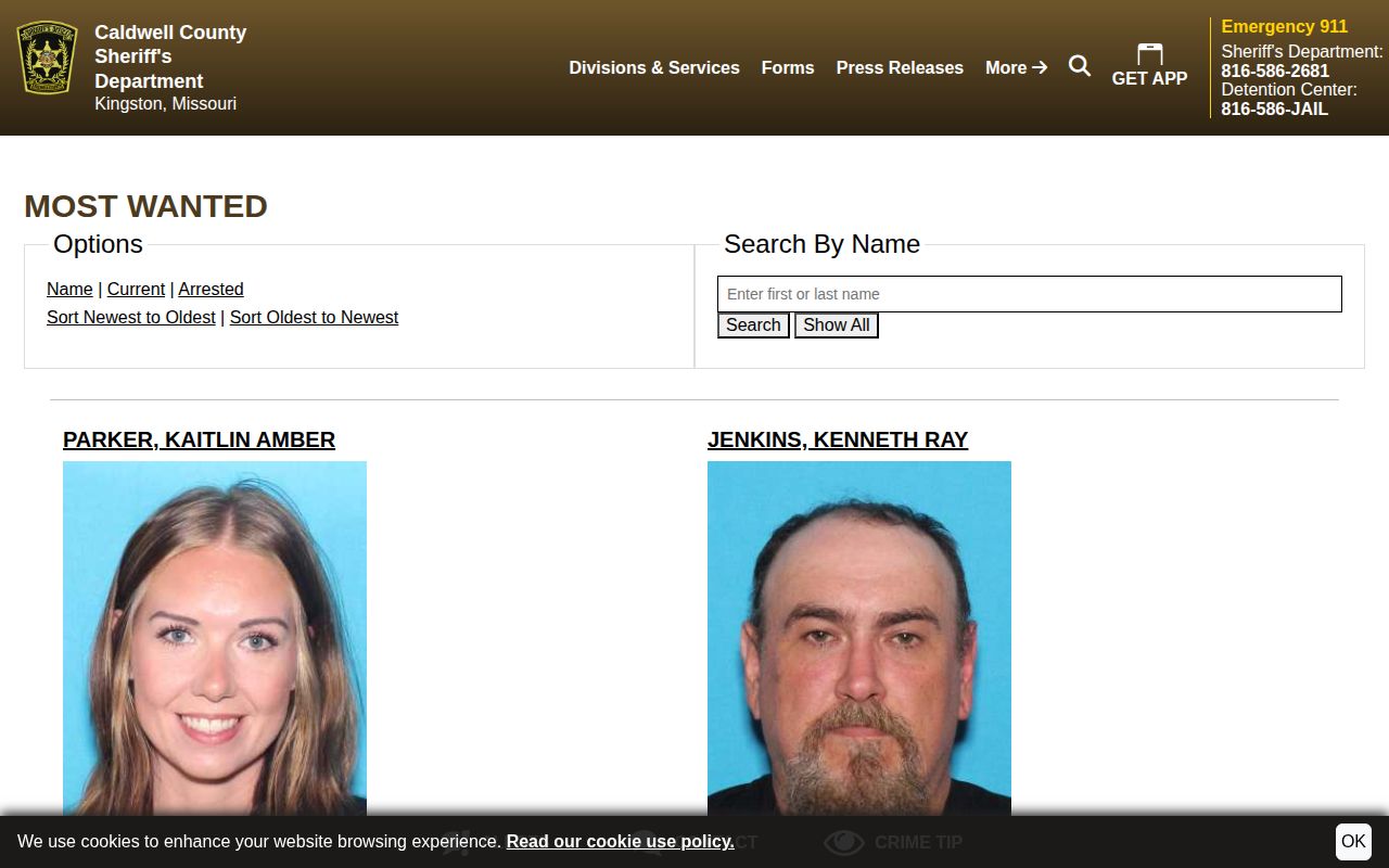 Caldwell County arrest warrant and most wanted official list interface