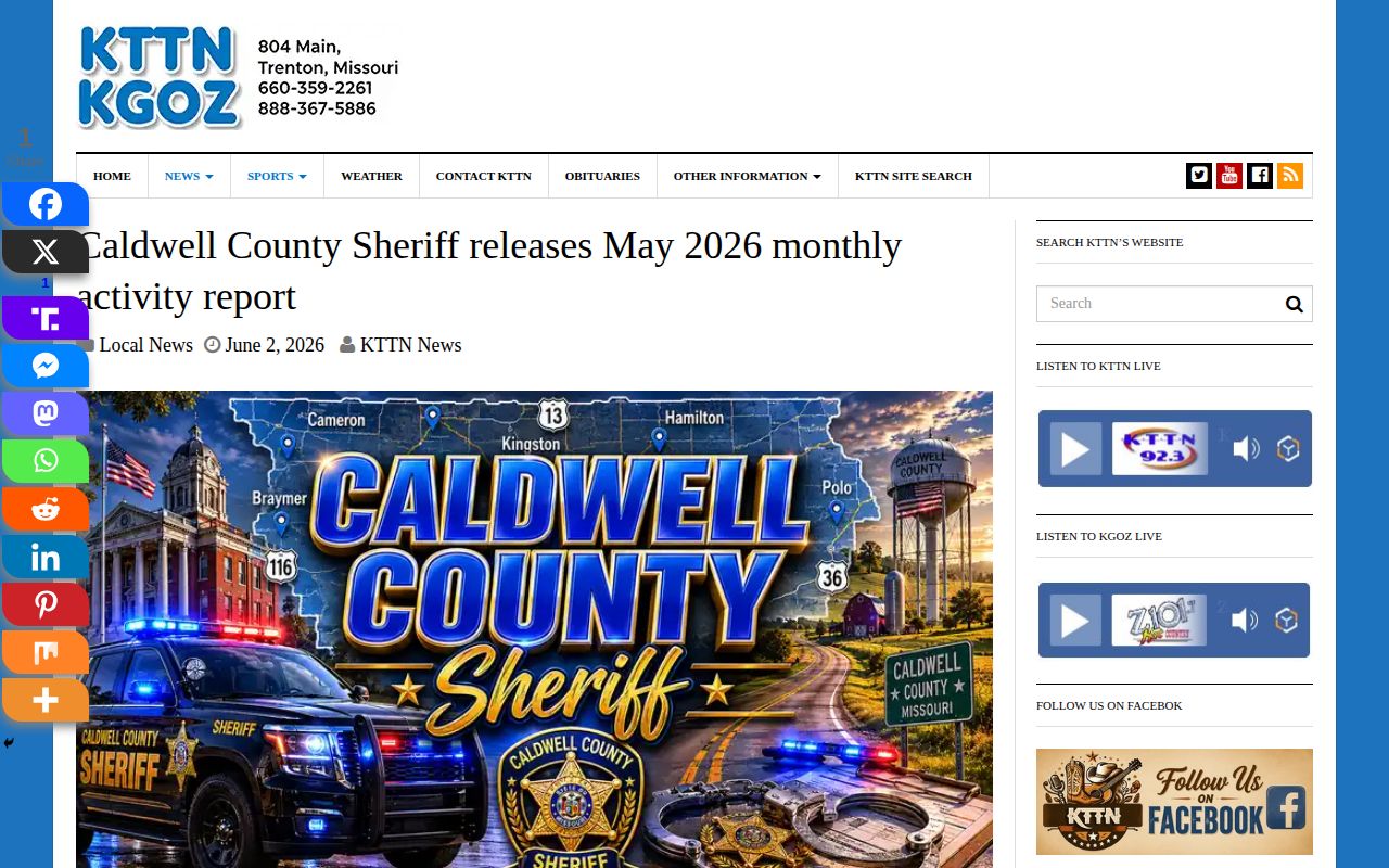 KTTN Caldwell County monthly arrest activity report